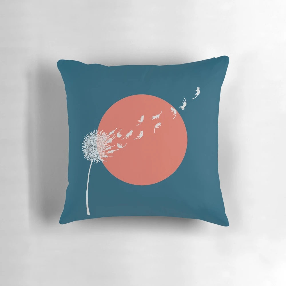 Vibrant boho-style throw pillow featuring a whimsical cat and plant design
