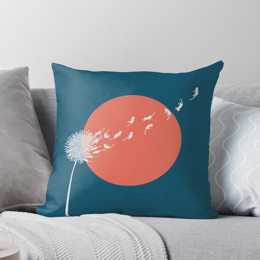 Vibrant boho-style throw pillow featuring a whimsical cat and plant design