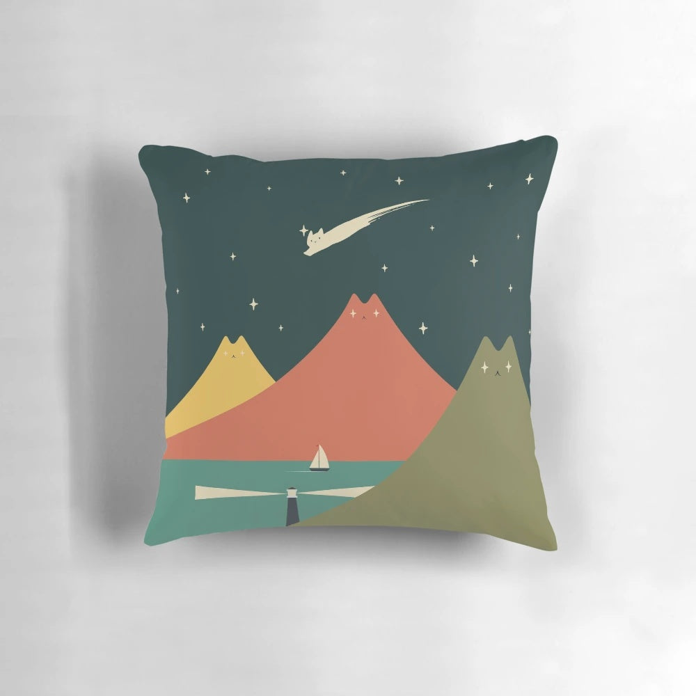 Soft, cozy pillow featuring a whimsical cat landscape design with a mountain, starry night sky, and lighthouse on an island