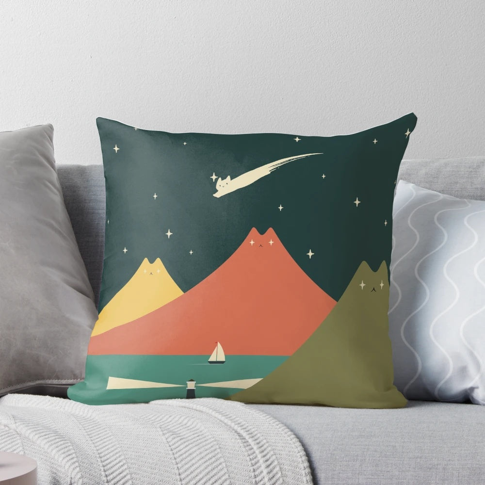 Soft, cozy pillow featuring a whimsical cat landscape design with a mountain, starry night sky, and lighthouse on an island