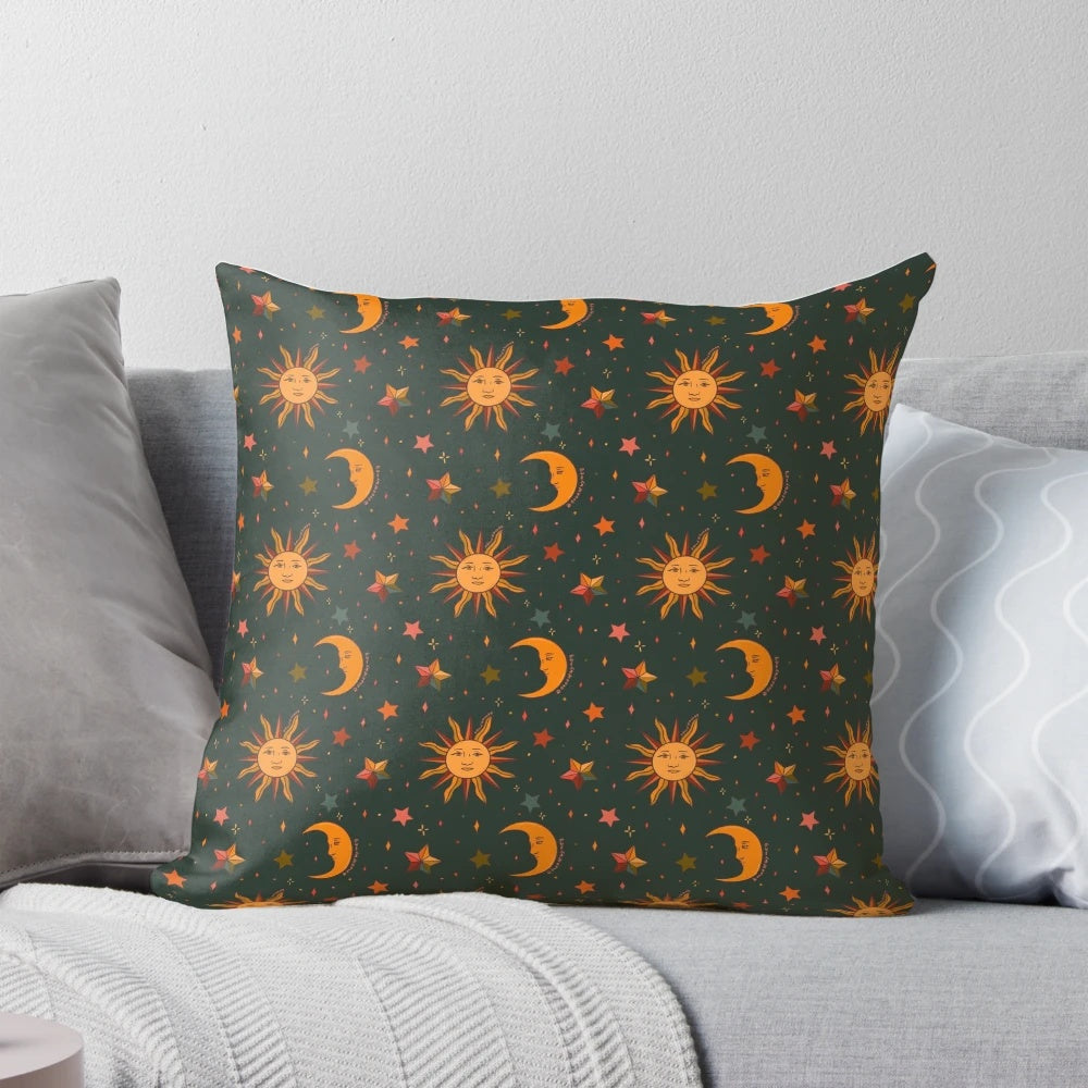 Teal pillow with a folk moon and star pattern, perfect for a boho, witchy, or astrology-inspired space.