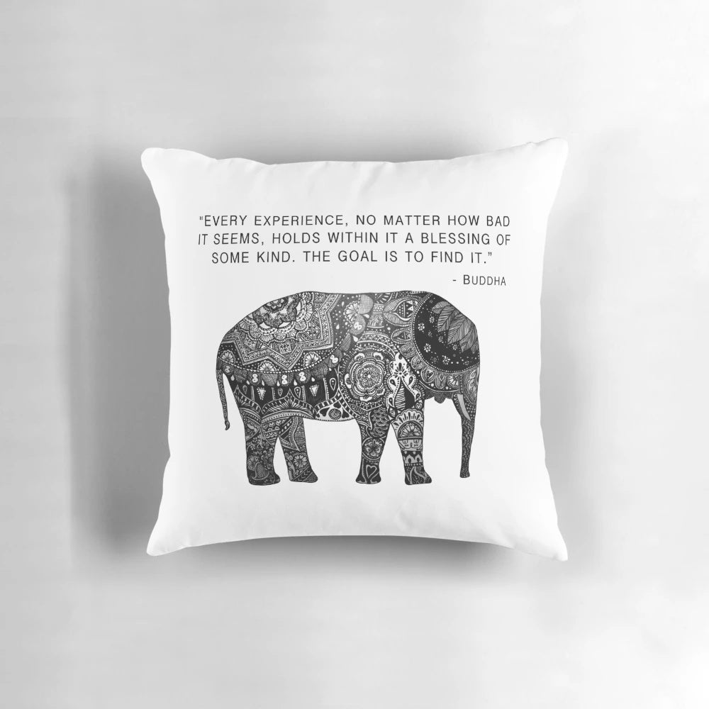 Decorative throw pillow featuring a Buddha elephant design with henna and floral patterns