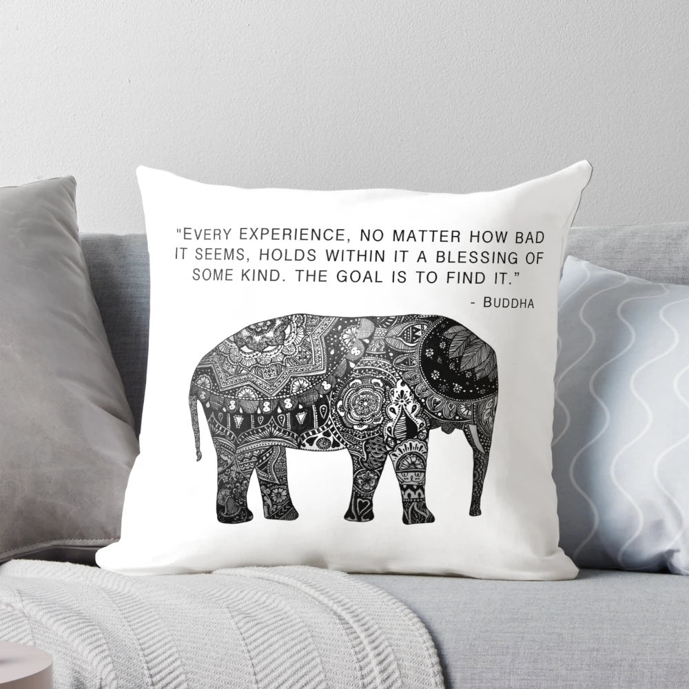 Decorative throw pillow featuring a Buddha elephant design with henna and floral patterns