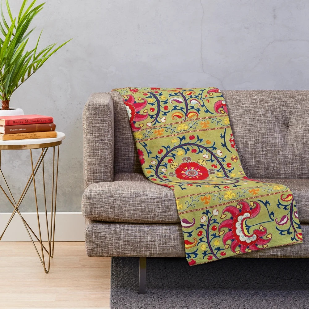 Floral embroidered plush blanket in bohemian, ethnic, and tribal design