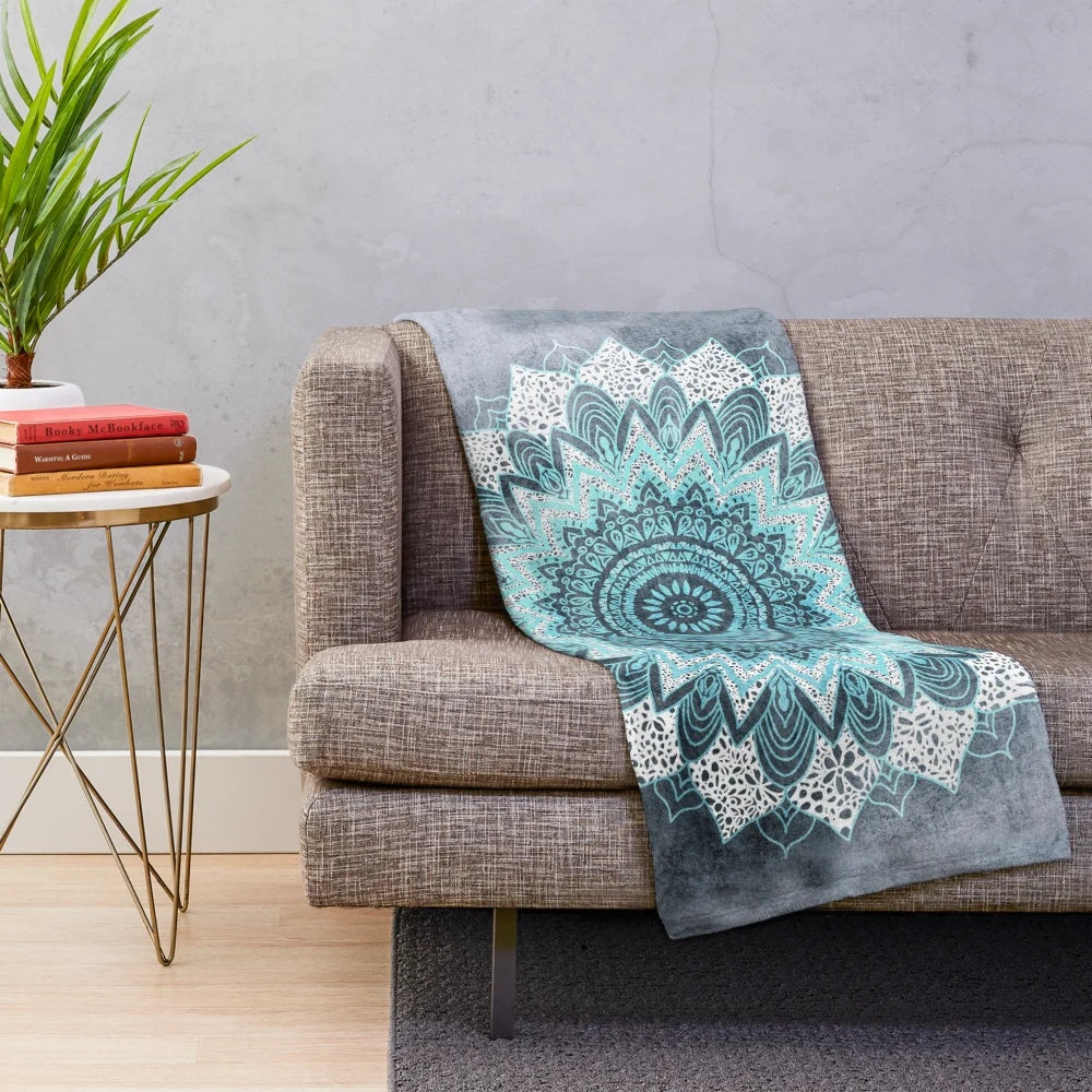 Soft and cozy boho mandala plush blanket in shades of blue and white