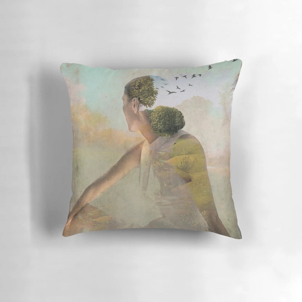 Boho style summer dream pillow with vintage collage artwork