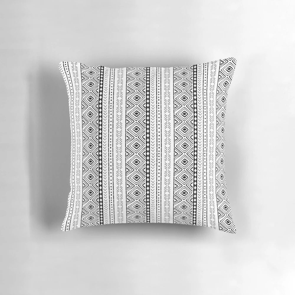 Handmade white mudcloth tribal pattern pillow for boho, rustic home decor