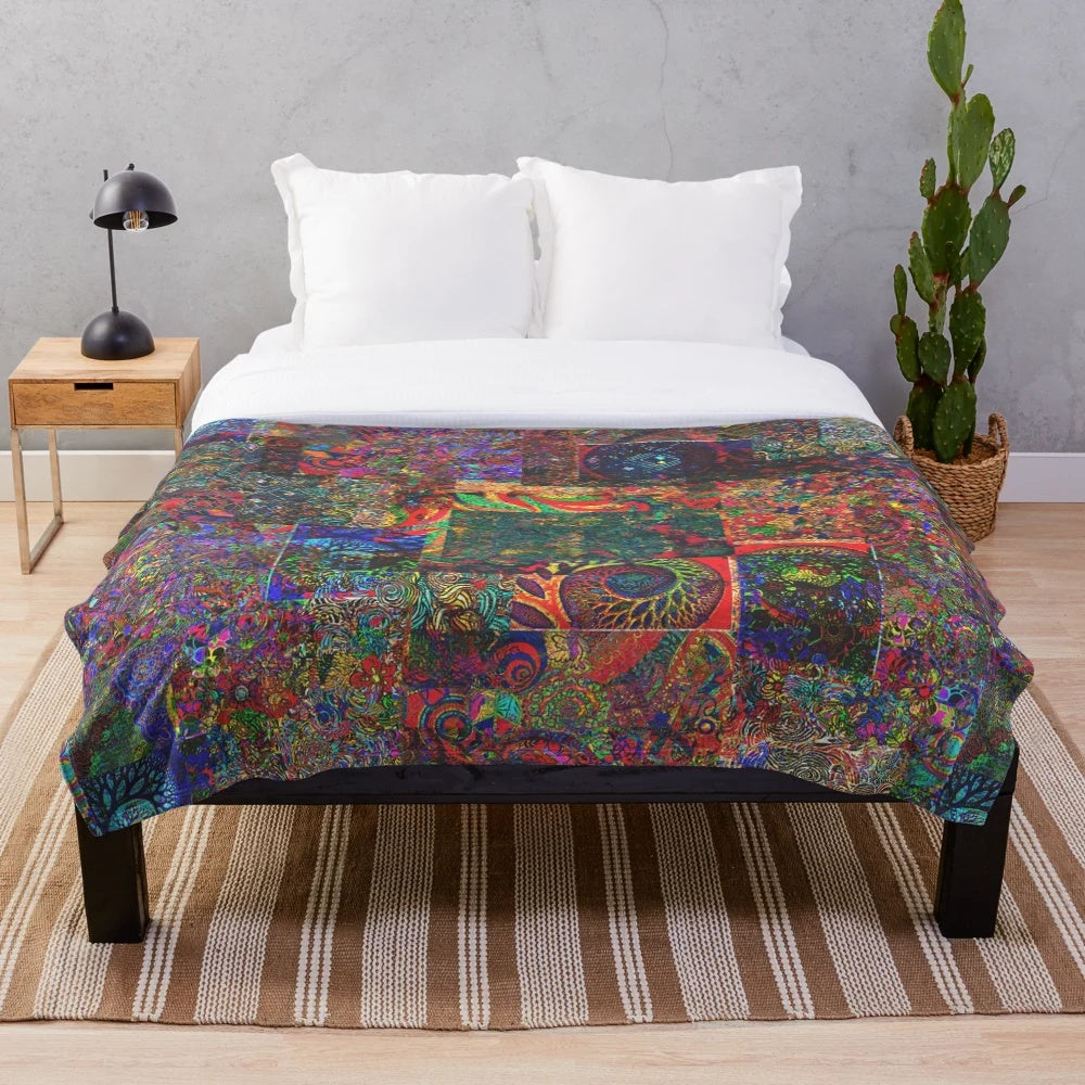 Boho style plush blanket with psychedelic indie daydream pattern