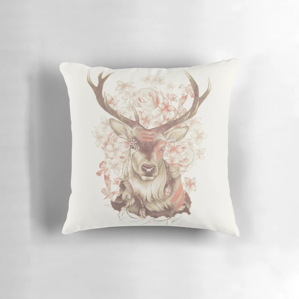 Boho-style decorative throw pillow with a deer and stag design in earthy, natural tones