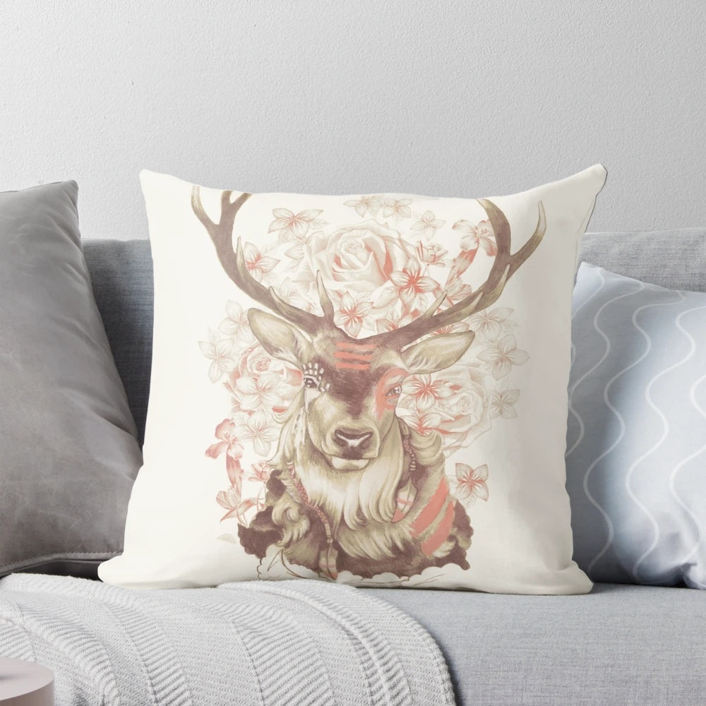 Boho-style decorative throw pillow with a deer and stag design in earthy, natural tones