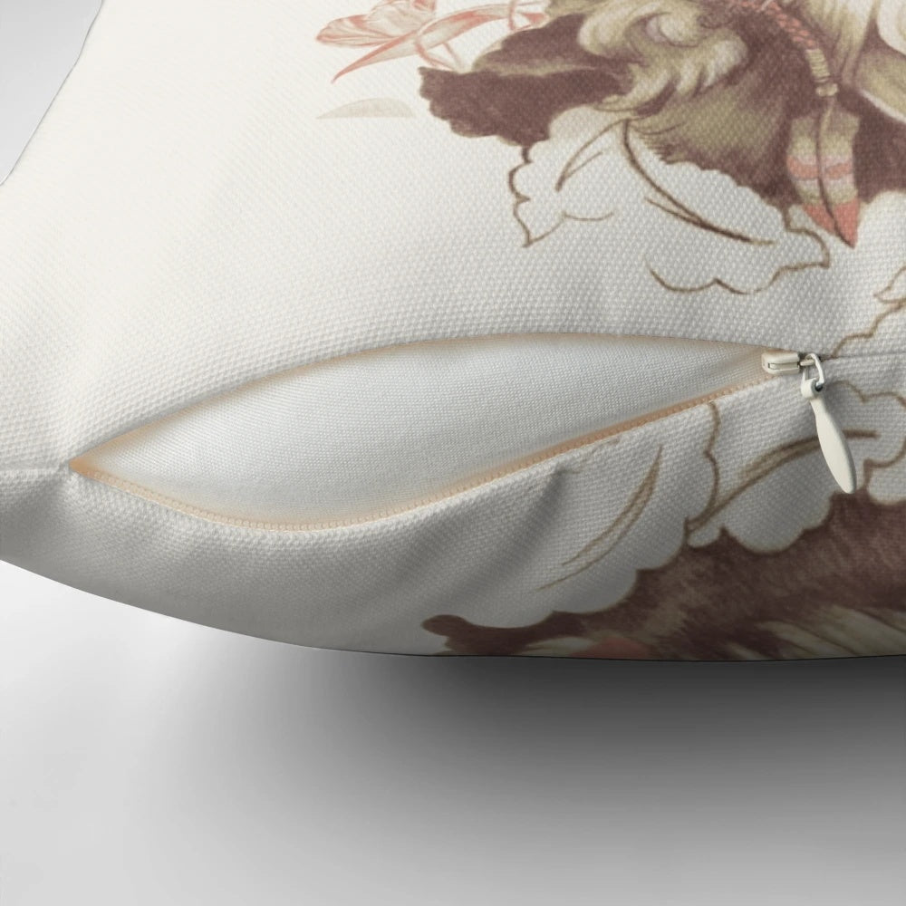 Boho-style decorative throw pillow with a deer and stag design in earthy, natural tones