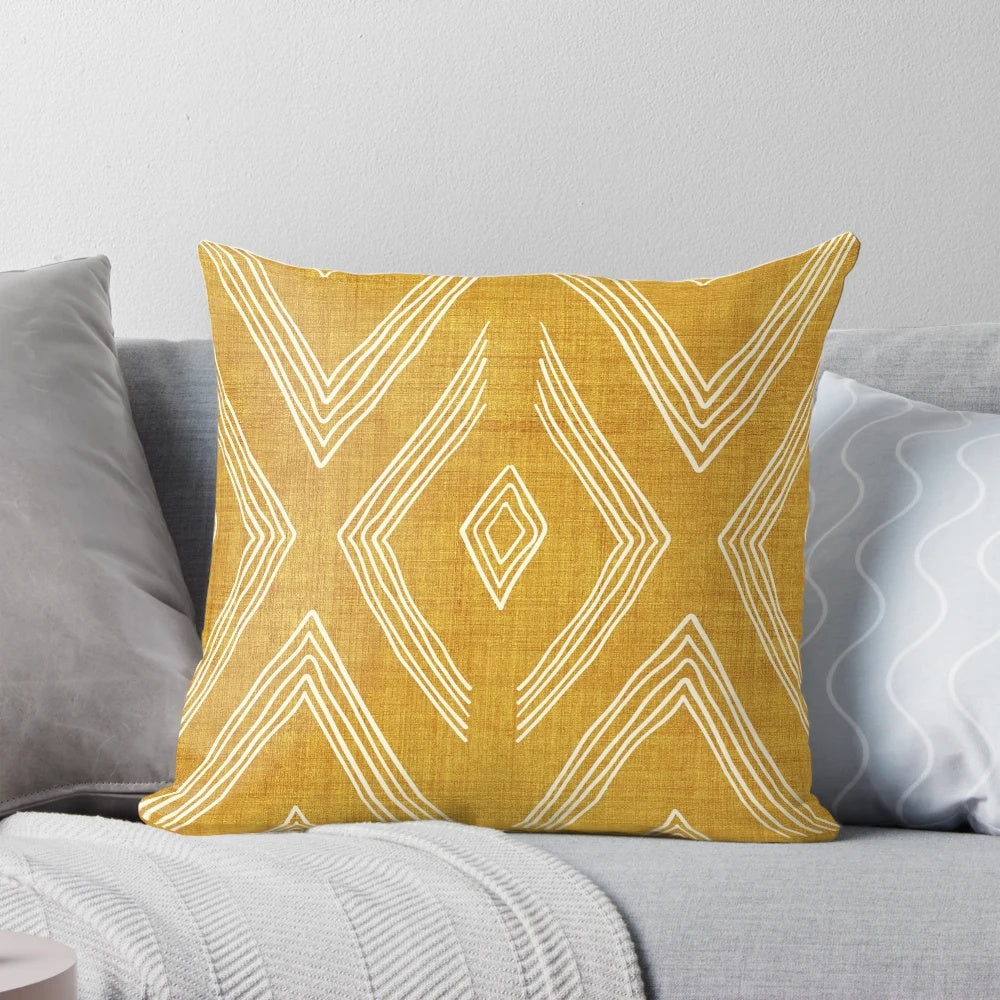 Boho geometric golden pillow with zig zag and diamond pattern