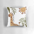 Boho-style pillow featuring a cute giraffe surrounded by jungle leaves and the sun