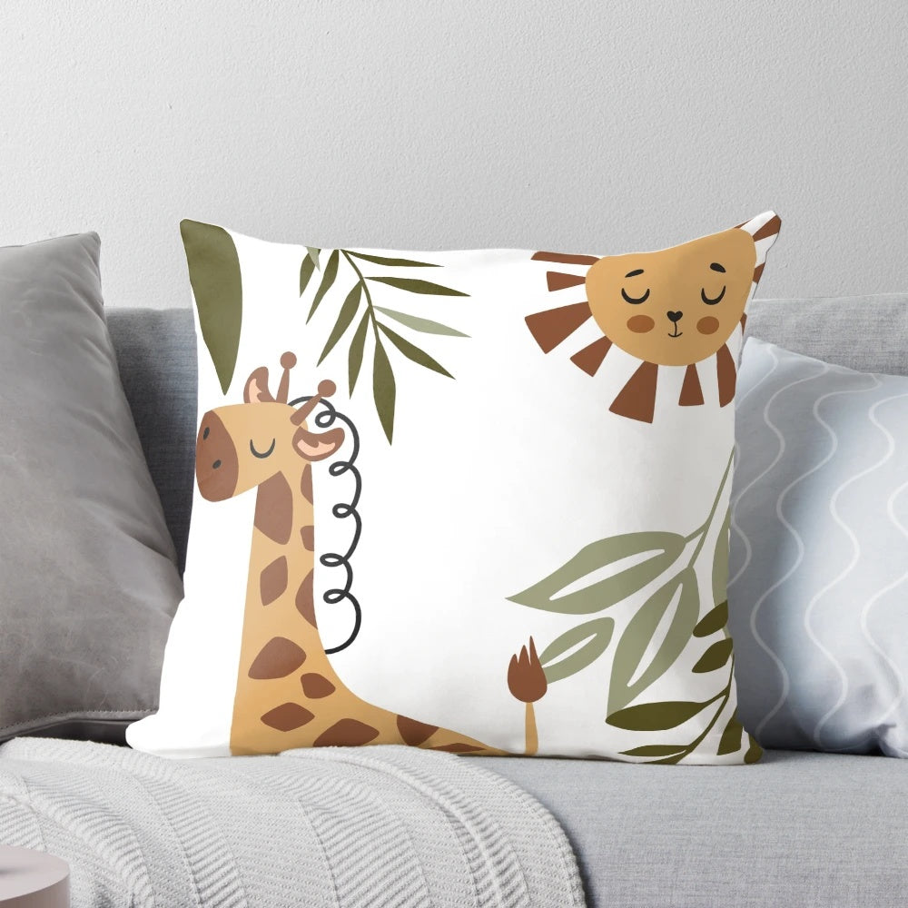 Boho-style pillow featuring a cute giraffe surrounded by jungle leaves and the sun