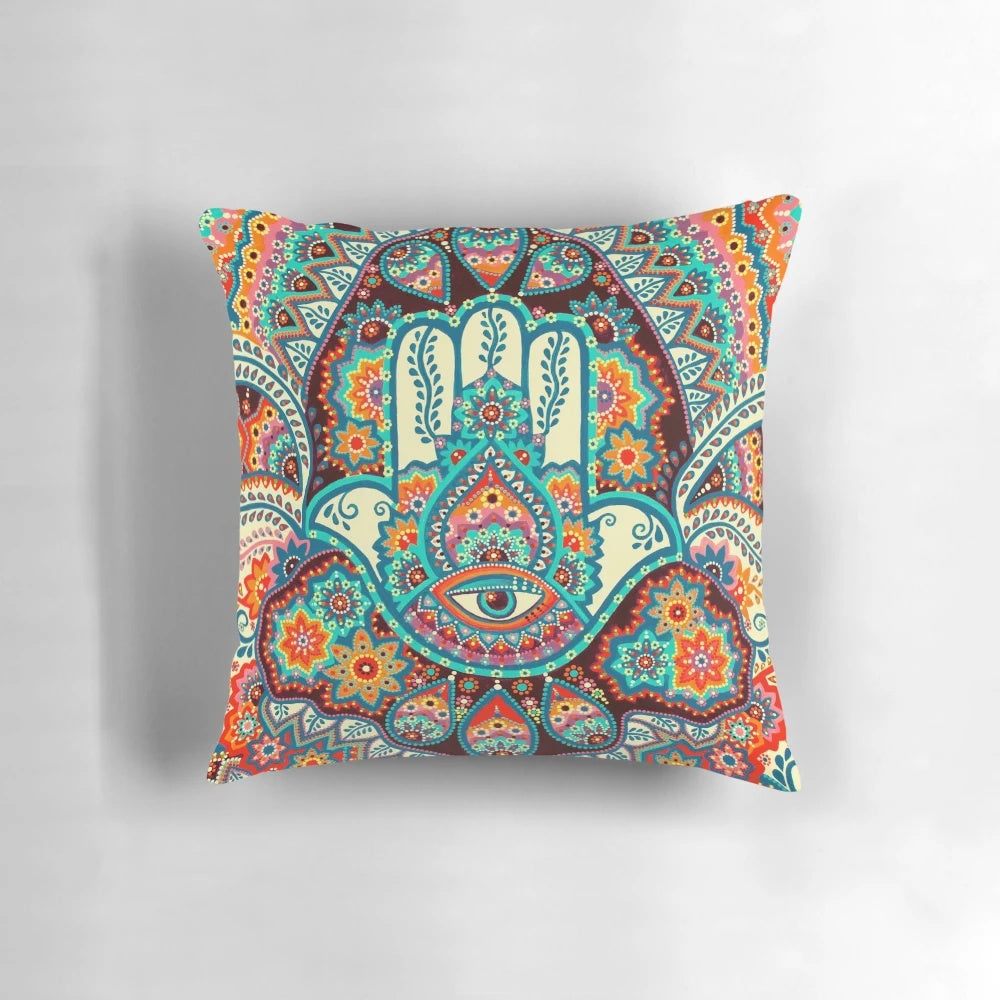 Boho hamsa hand decorative pillow with mandala flower design