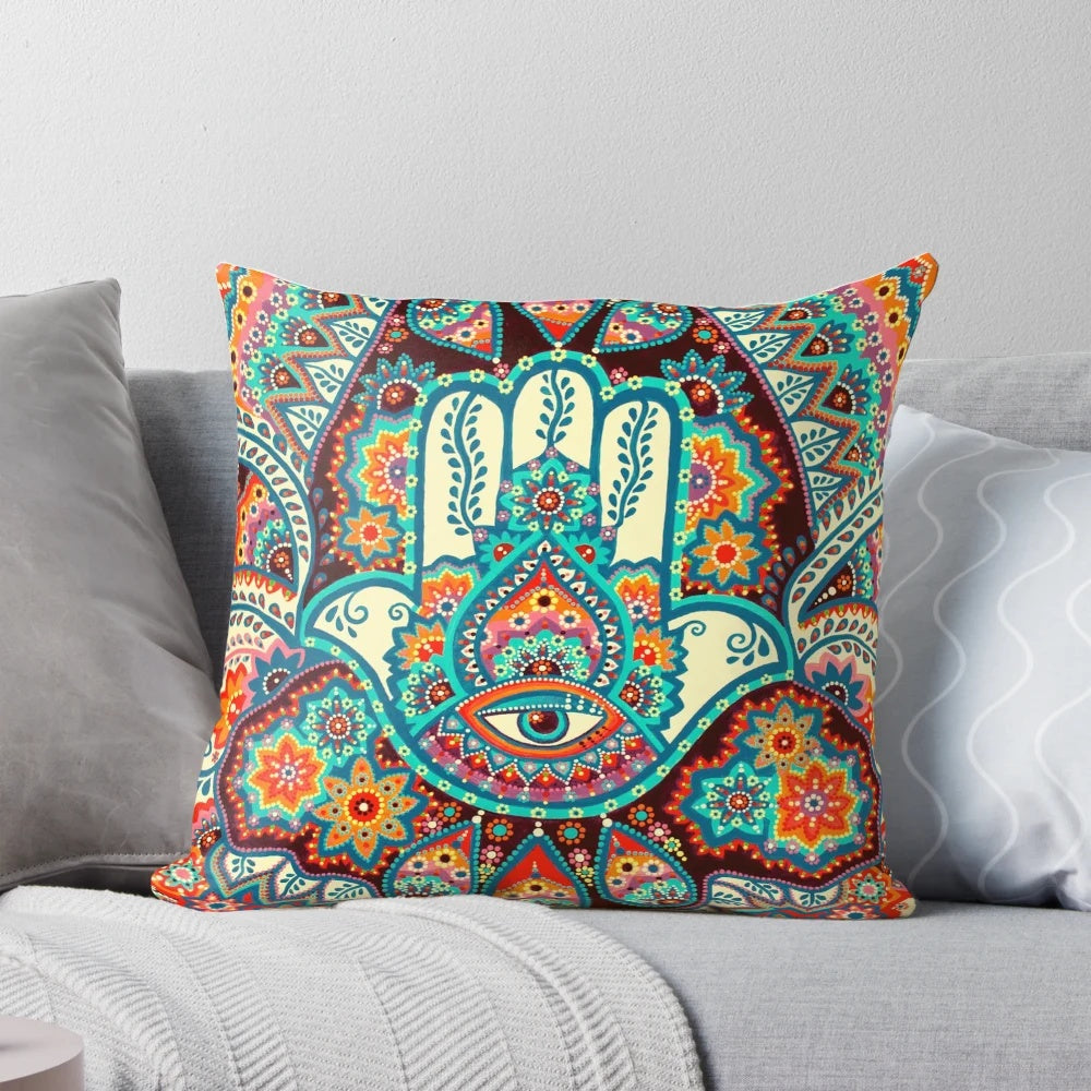 Boho hamsa hand decorative pillow with mandala flower design