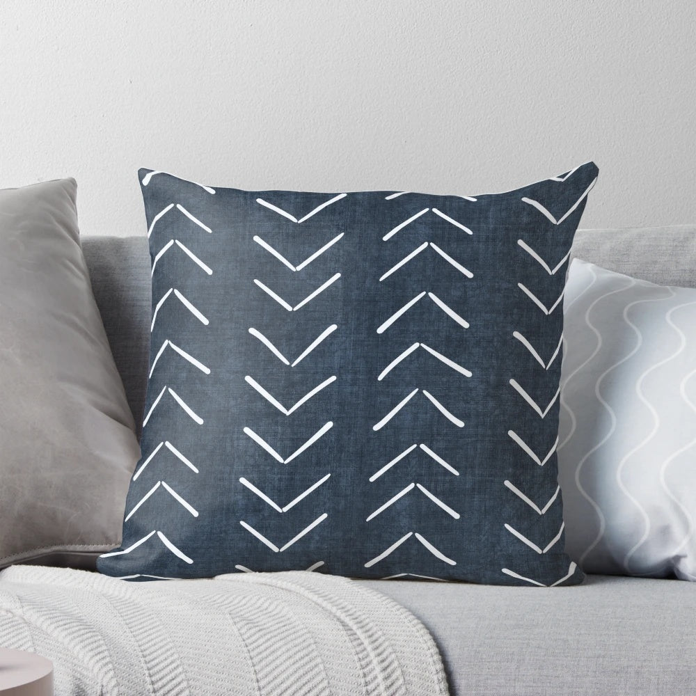 Boho-inspired navy blue and white arrow pattern decorative throw pillow