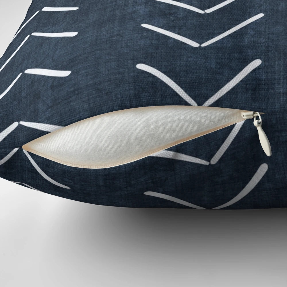 Boho-inspired navy blue and white arrow pattern decorative throw pillow