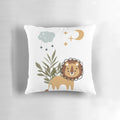 Boho style lion pillow with jungle grass, moon, stars, and rain cloud design