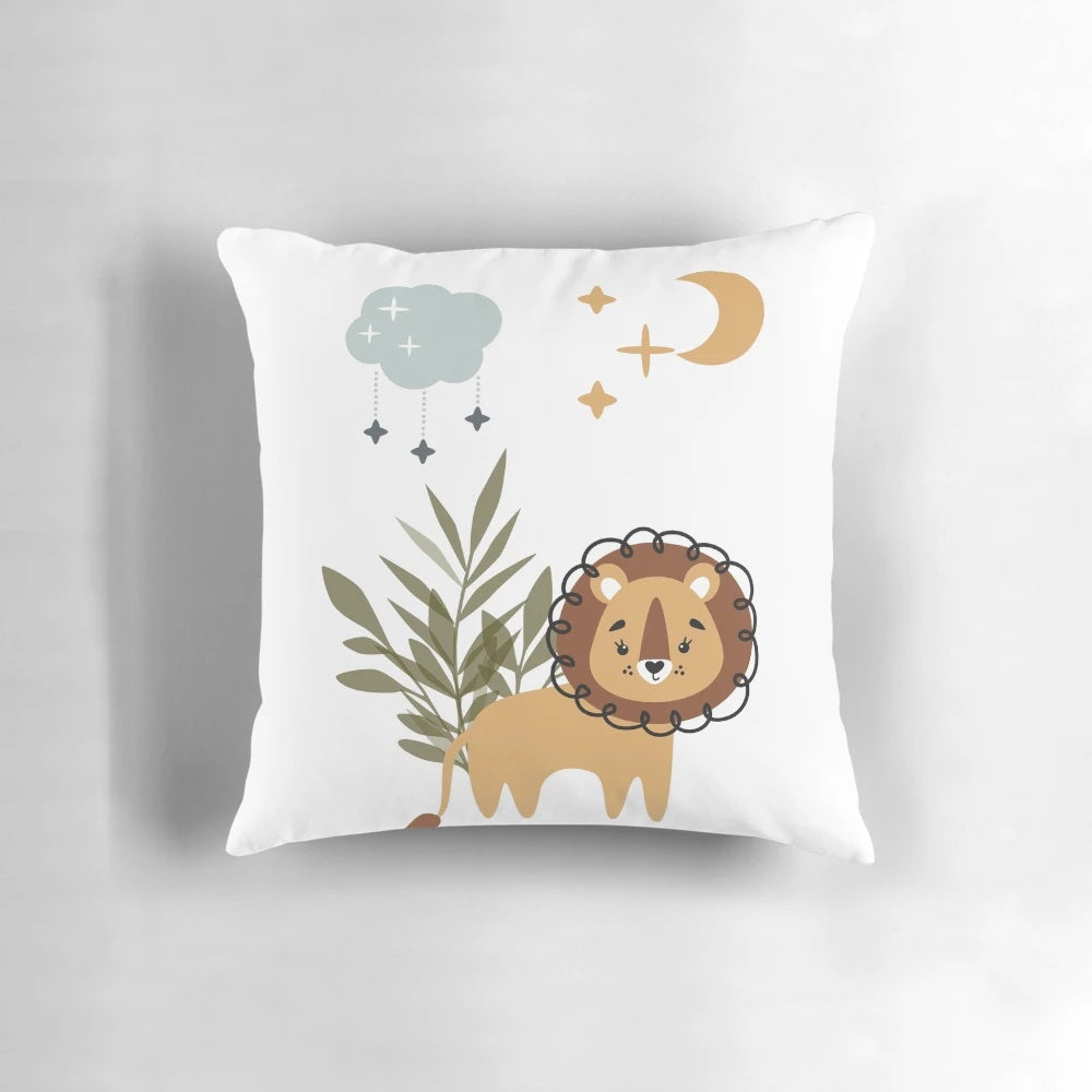 Boho style lion pillow with jungle grass, moon, stars, and rain cloud design