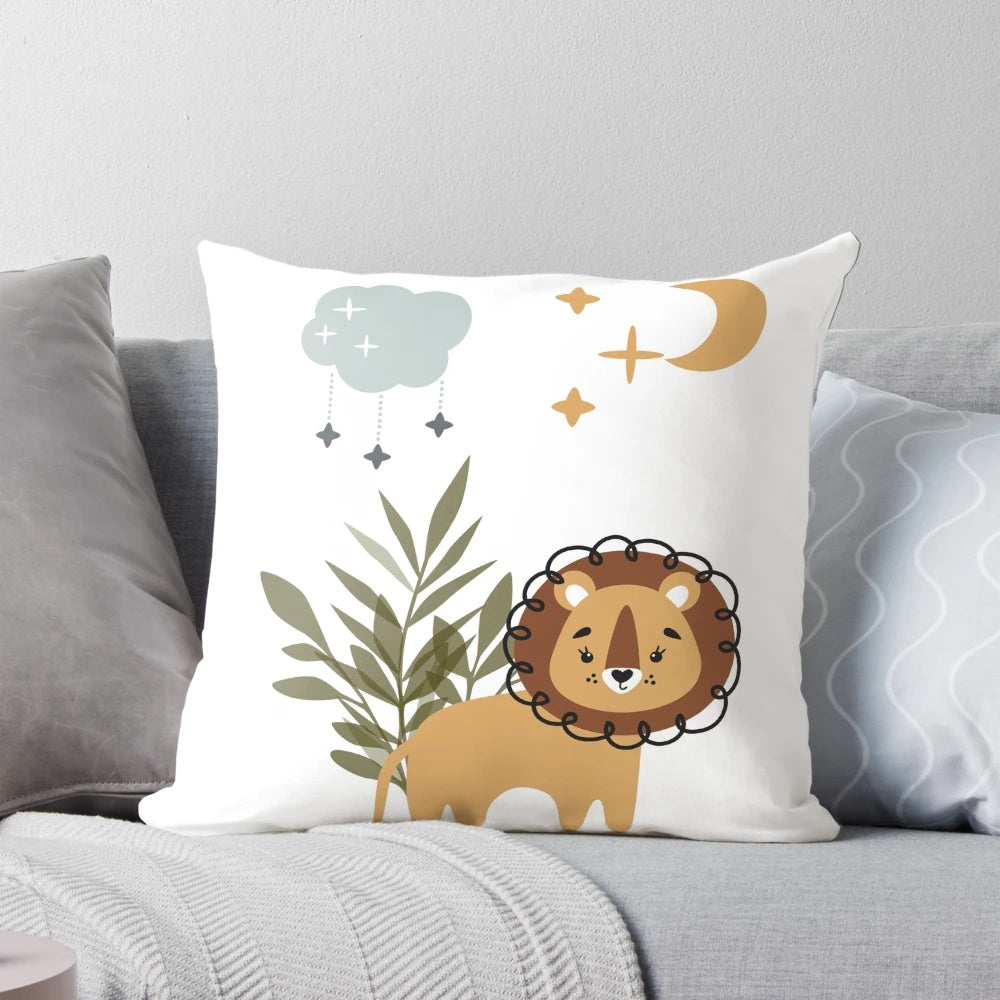 Boho style lion pillow with jungle grass, moon, stars, and rain cloud design