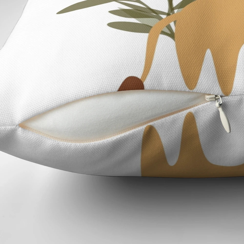Boho style lion pillow with jungle grass, moon, stars, and rain cloud design