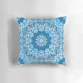 Boho mandala pattern decorative pillow in blue and white colors