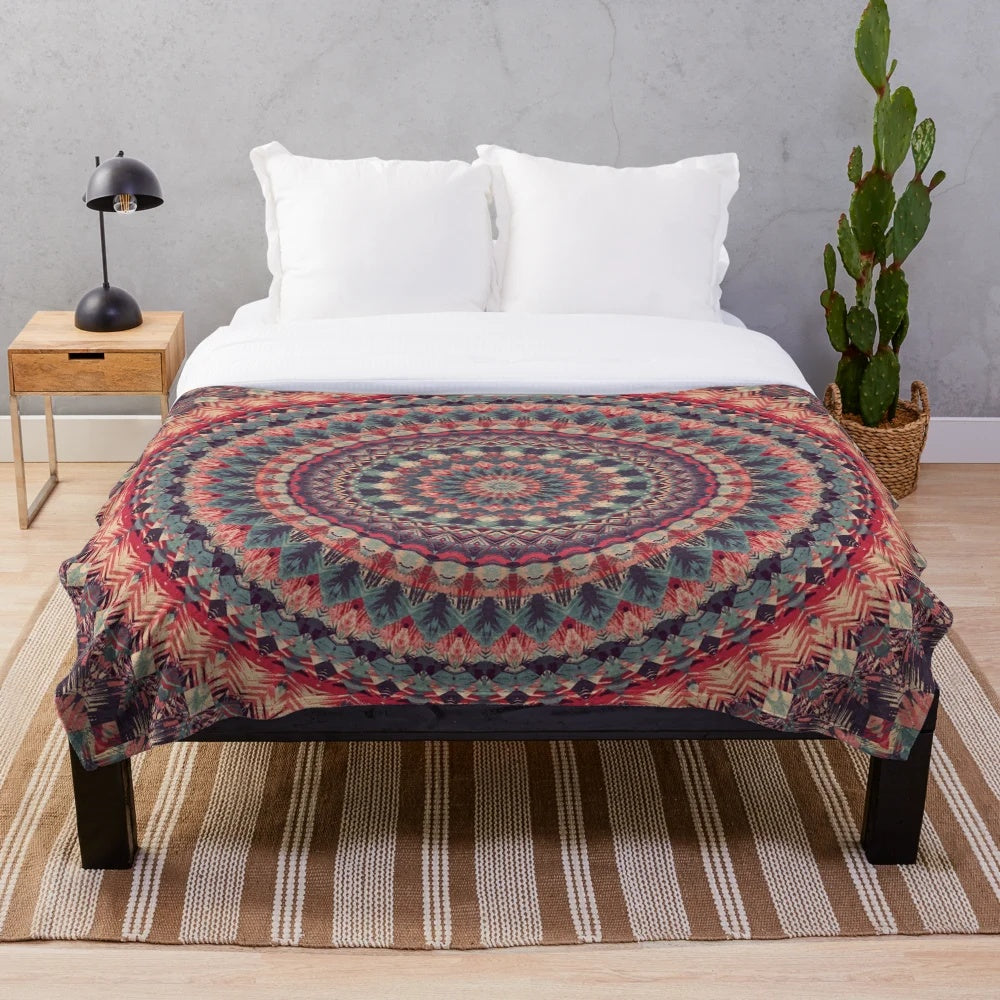 Colorful mandala plush blanket with boho, psychedelic, and floral design