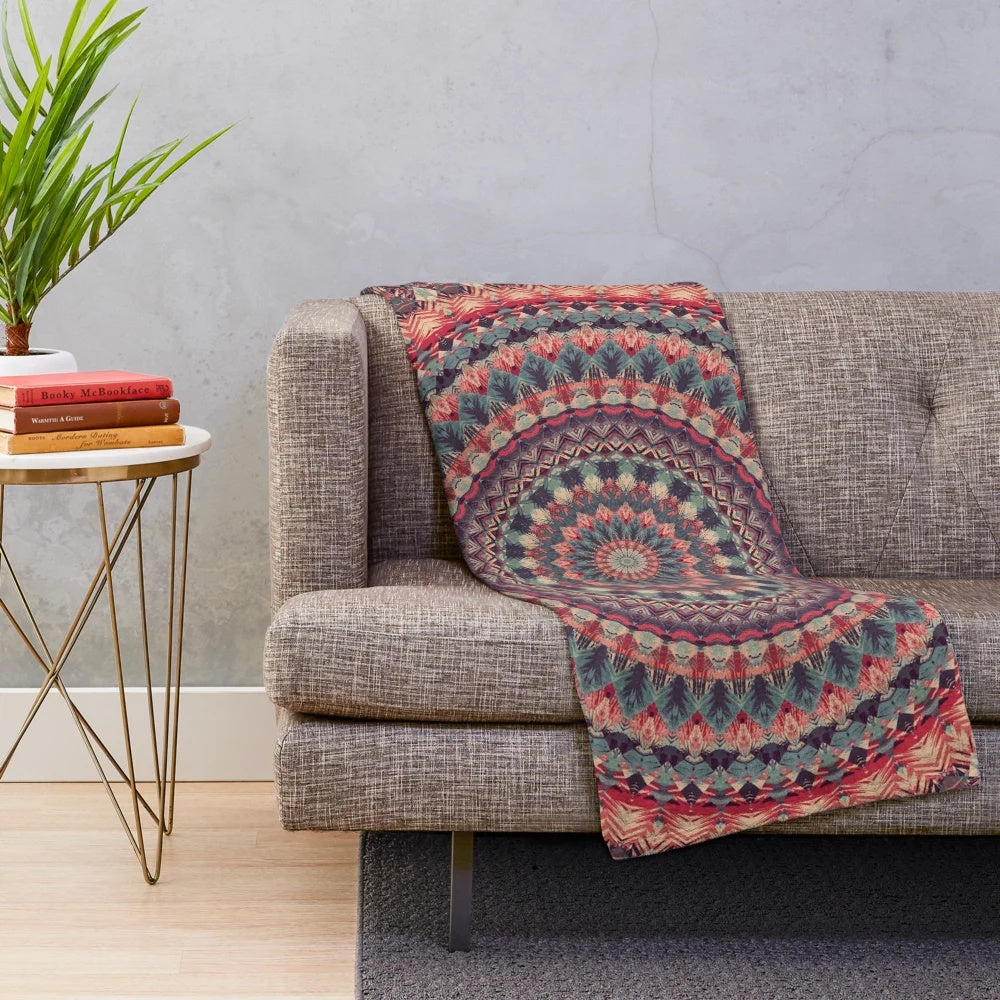 Colorful mandala plush blanket with boho, psychedelic, and floral design