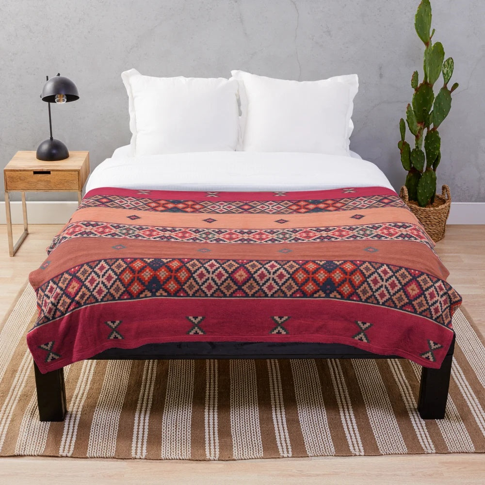 Traditional Moroccan Berber design plush blanket with abstract graphic patterns