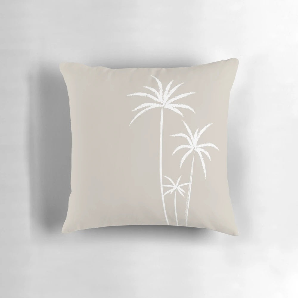 Boho palm trees throw pillow with sketch design in white and beige.