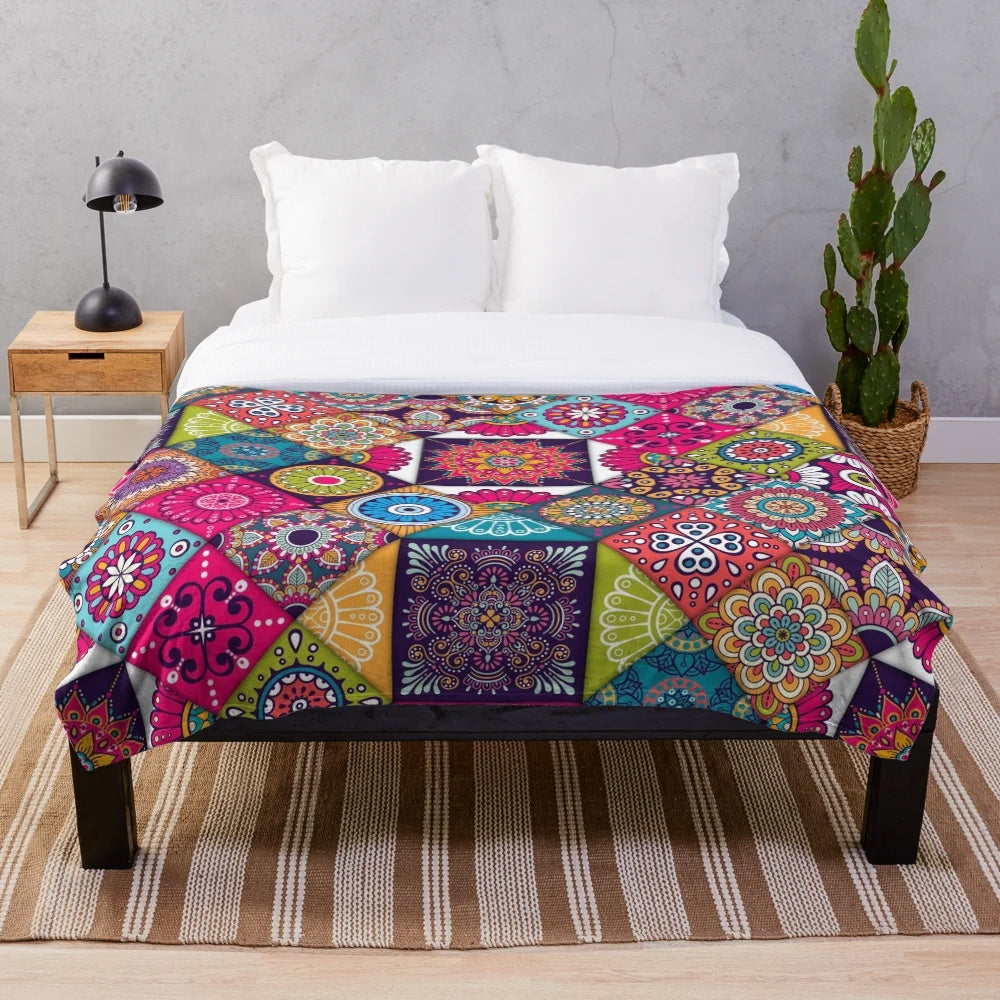 Colorful patchwork plush blanket with ethnic hippie patterns