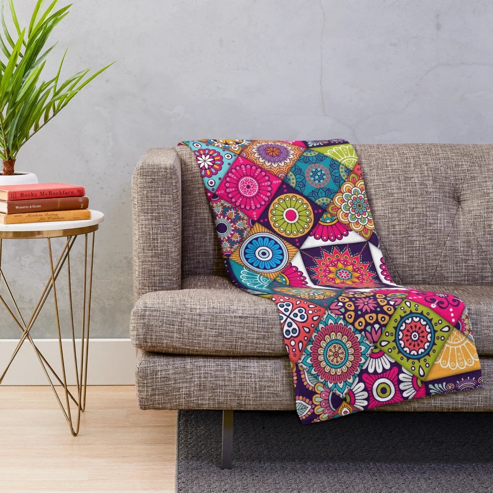 Colorful patchwork plush blanket with ethnic hippie patterns
