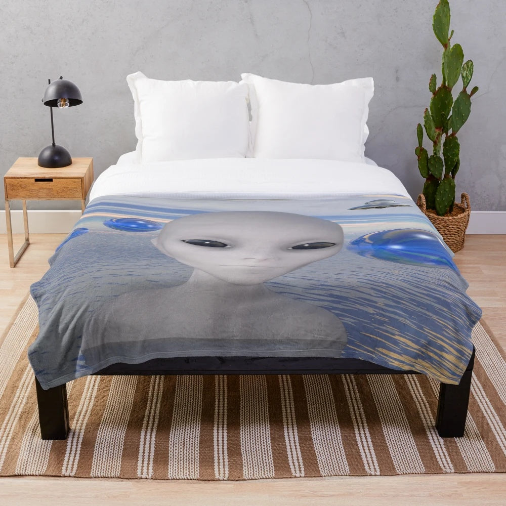 Boho plush blanket with alien and extraterrestrial patterns