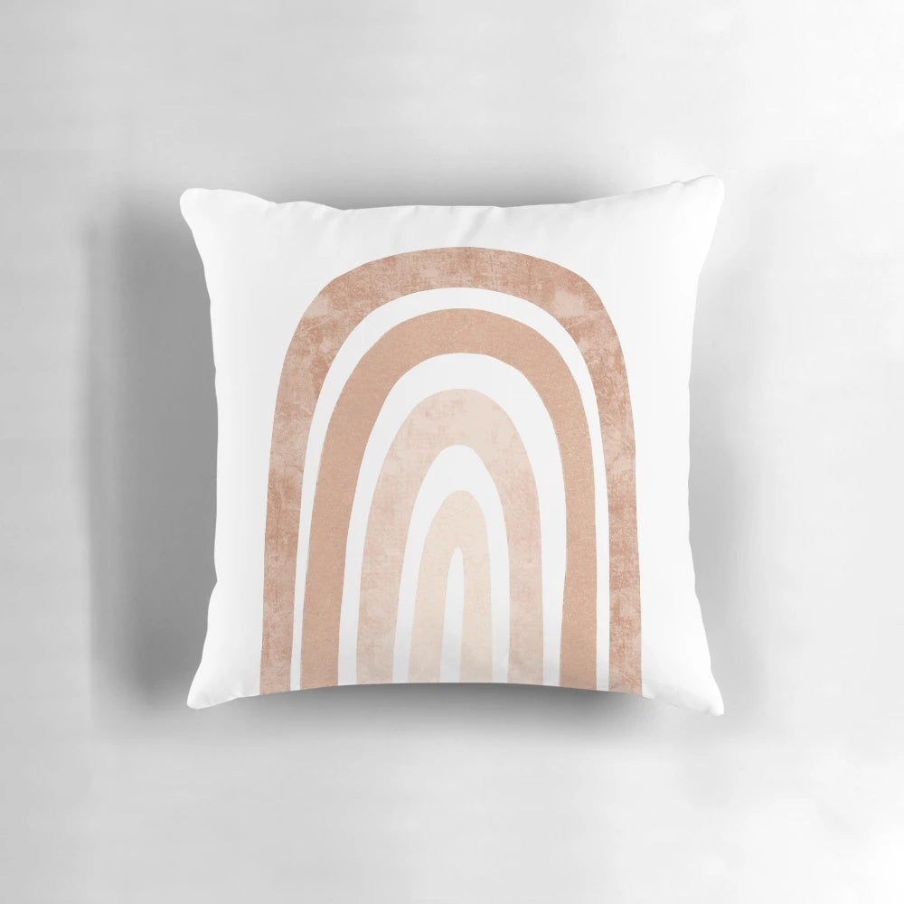 Neutral boho rainbow pillow with abstract line art design