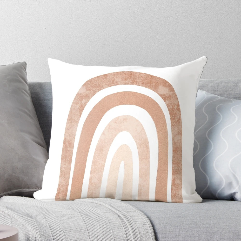 Neutral boho rainbow pillow with abstract line art design