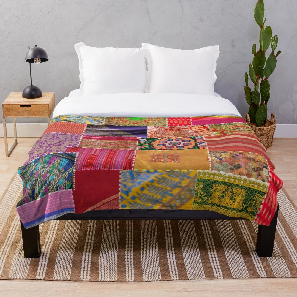 Boho sari patchwork plush blanket with vibrant colors and patterns