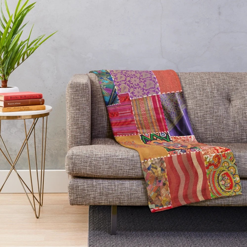 Boho sari patchwork plush blanket with vibrant colors and patterns