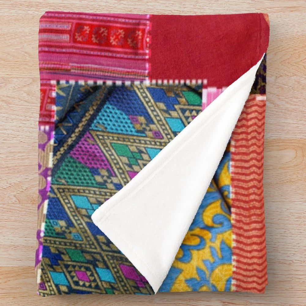 Boho sari patchwork plush blanket with vibrant colors and patterns