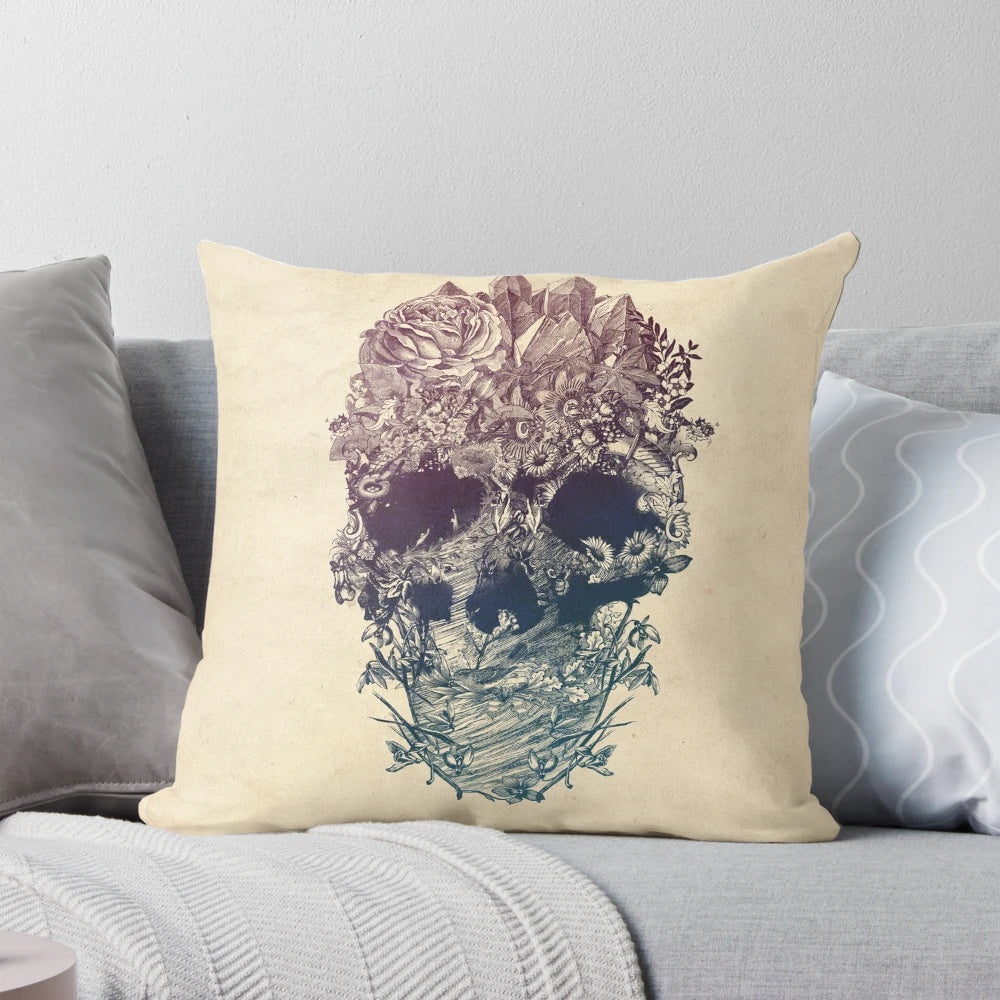 Skull and Floral Patterned Decorative Throw Pillow for Bohemian Home Decor