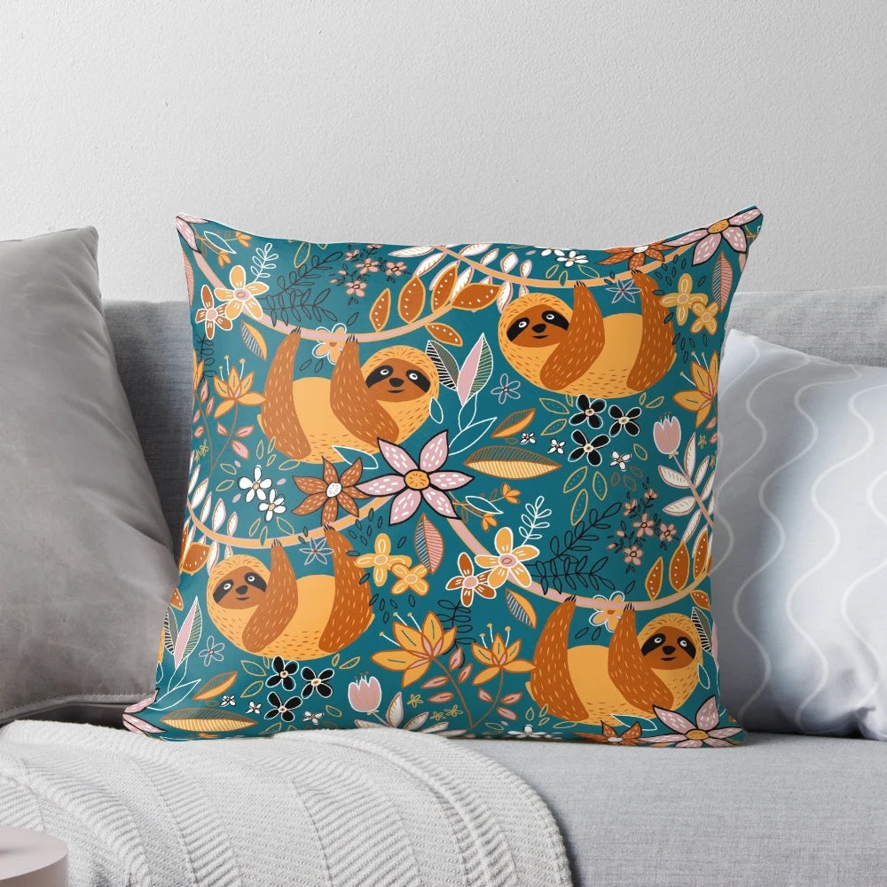 Boho sloth floral decorative pillow with teal, orange, brown, and blush colors