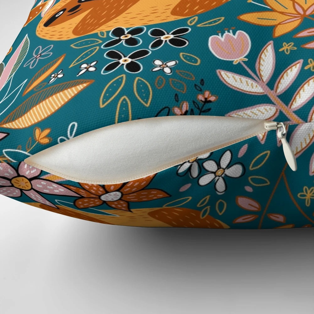 Boho sloth floral decorative pillow with teal, orange, brown, and blush colors