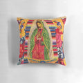 Boho style pillow featuring the image of the Virgin of Guadalupe, also known as Lady Lupe.