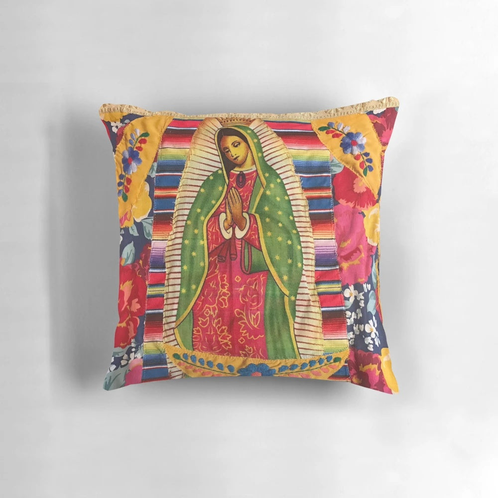 Boho style pillow featuring the image of the Virgin of Guadalupe, also known as Lady Lupe.