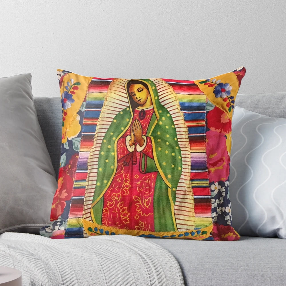 Boho style pillow featuring the image of the Virgin of Guadalupe, also known as Lady Lupe.