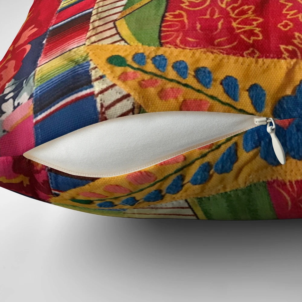 Boho style pillow featuring the image of the Virgin of Guadalupe, also known as Lady Lupe.
