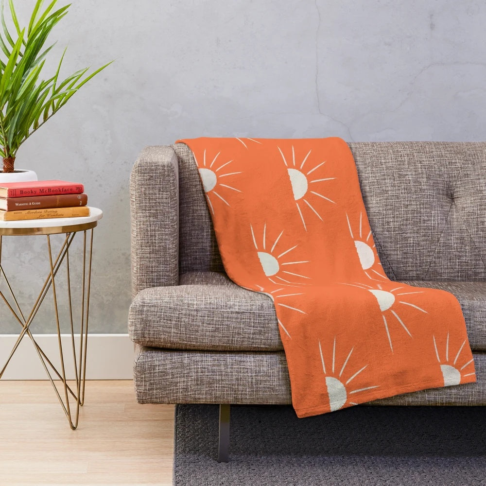 Boho sun pattern orange plush blanket with abstract sun silhouette design