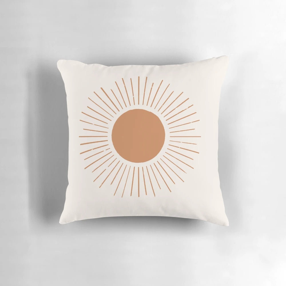 Boho sun rays terracotta pillow with neutral, earthy, and natural design