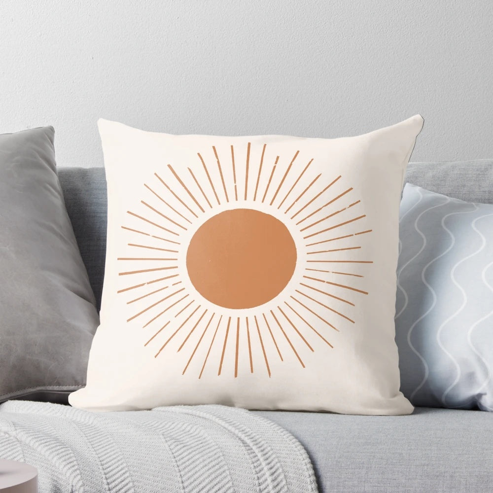 Boho sun rays terracotta pillow with neutral, earthy, and natural design