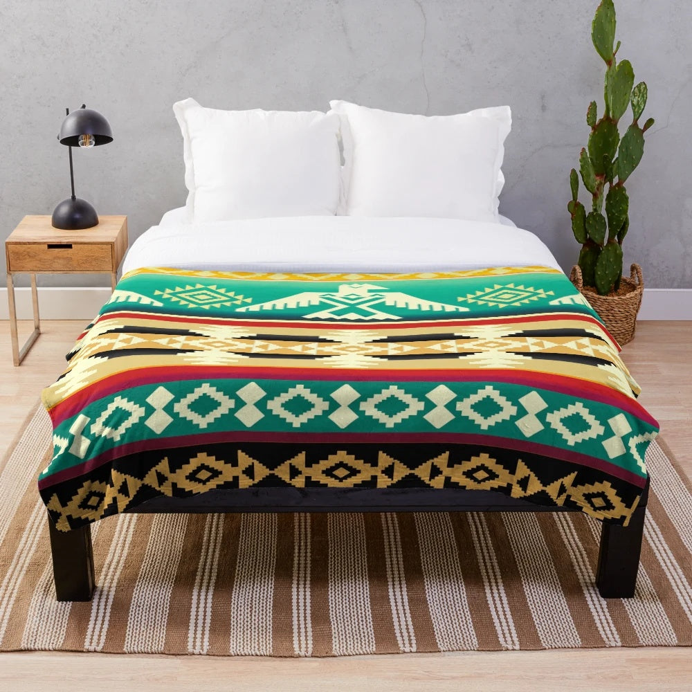 Plush blanket with native american thunderbird and geometric pattern design